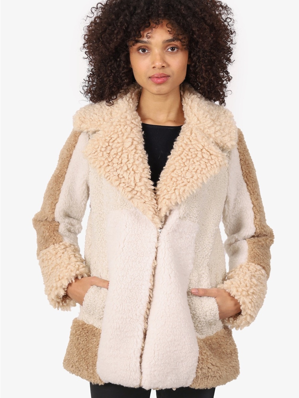 A.L.C. Patchwork Shearling Coat Size M Cream Beige Teddy Fur Jacket